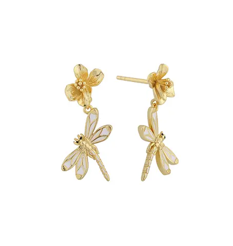 PLE08080 Ohrring aus 925er Sterlingsilber mit Libelle und Blume aus Emaille