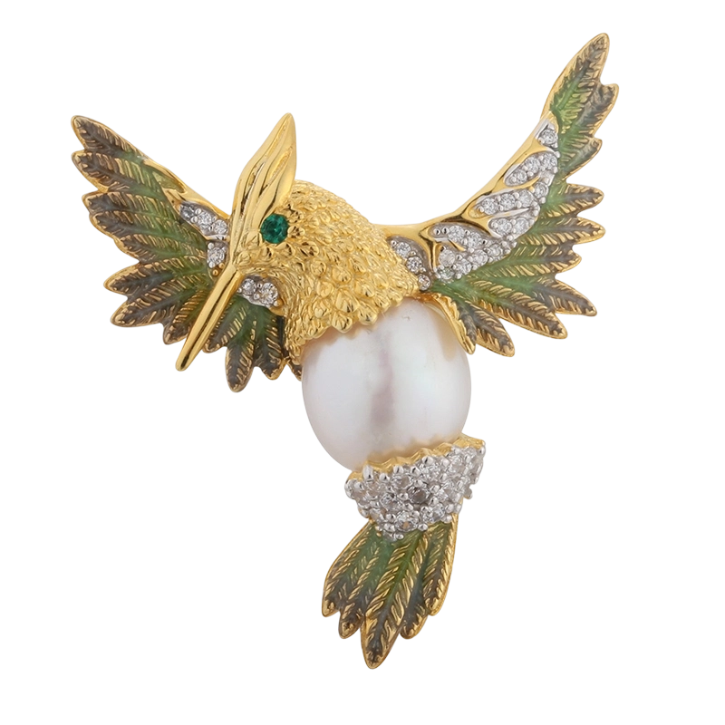C00594 Brosche aus 925er Sterlingsilber mit Perle und Vogelmotiv aus Emaille